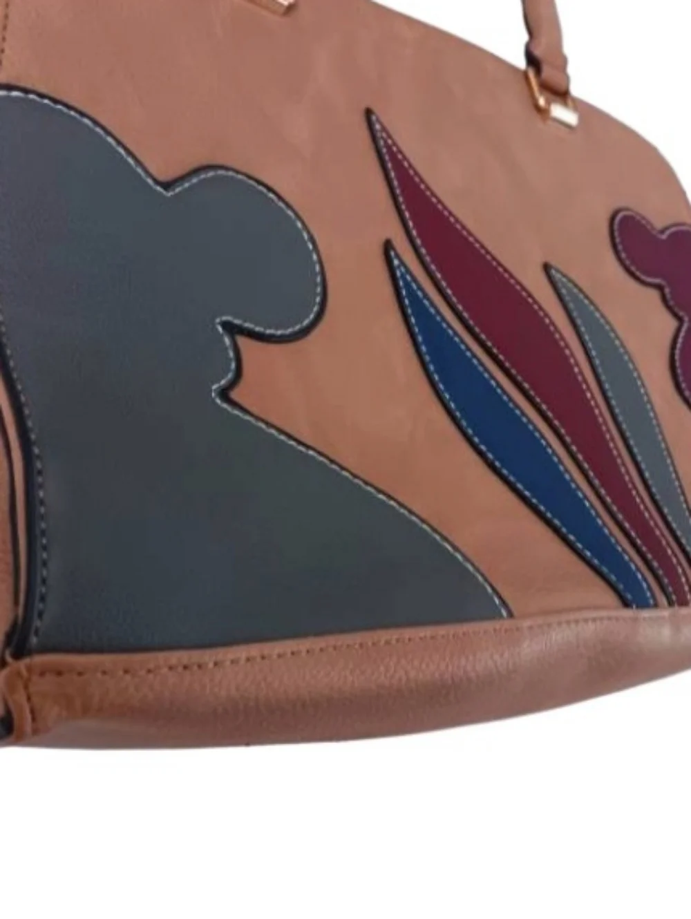 Faux Leather Large Camel Satchel Shoulder Bag | Patchwork